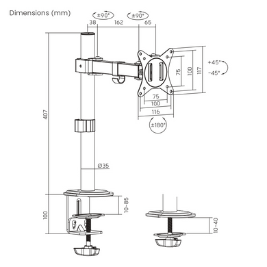 Кронштейн Brateck LDT66-C011, 17" - 32", до 9 кг, VESA від 75x75 до 100x100Кут нахилу: +45&deg;~-45&deg;, По BRATECK LDT66-C011 3726141 фото