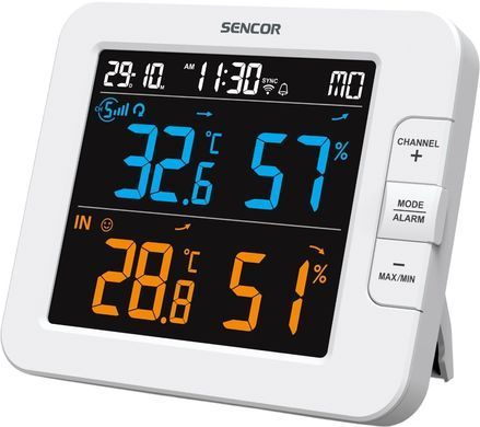 Метеостанция Sencor, внутр/наруж измерение, темп-ра, влажность, время, дни недели, календарь, поддерживаемые платформы Android и iOS, белый