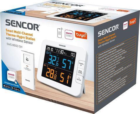 Метеостанция Sencor, внутр/наруж измерение, темп-ра, влажность, время, дни недели, календарь, поддерживаемые платформы Android и iOS, белый