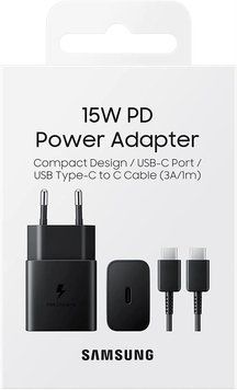 Зарядний пристрій мережевий Samsung 15Вт USB-С, кабель USB-C > USB-C, 1м, чорний
