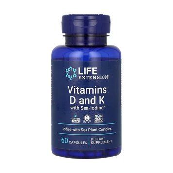 Вітамін D3 + K з йодом Life Extension (Vitamins D3 and K with sea-iodine) 5000 МО / 2100 мкг / 1000 мкг 60 капсул