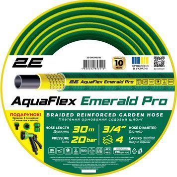 Шланг садовий 2Е AquaFlex Emerald Pro 3/4" 30м, 4 шари 20бар, в комплекті зрошувач, 2 конектори, адаптер 2E-GHE34ED30 фото