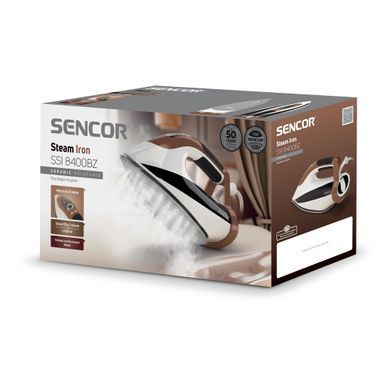 Праска Sencor, 2800Вт, 330мл, паровий удар -195гр, постійна пара - 55гр, pro та auto режими, керам. підошва, біло-коричневий (391920) SSI8400BZ фото