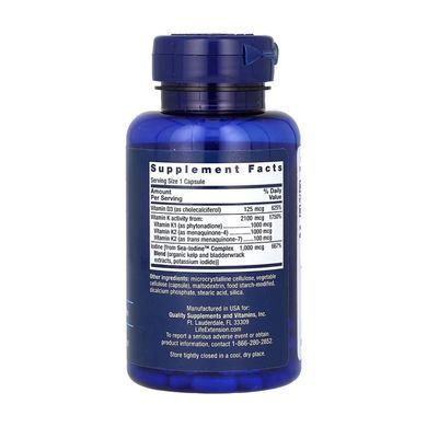 Вітамін D3 + K з йодом Life Extension (Vitamins D3 and K with sea-iodine) 5000 МО / 2100 мкг / 1000 мкг 60 капсул
