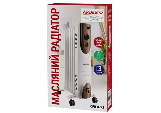 Масляный радиатор ARDESTO, 15м2, 1500Вт, мех. упр-ние, 7 секций, белый