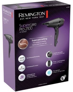 Remington Фен Supercare PRO 2100 AC motor, 2100Вт, 3 режими, іоніз-я, хол. обдув, чорний (342036) AC7100 фото