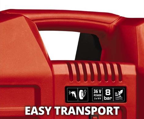 Компрессор автомобильный аккумуляторный Einhell TE-AC 36/8 Li OF Set-Solo PXC, 36В, 130л/хв, в форме чемодана, безмаслянный, пистолет и шланг в комплекте, без АКБ и ЗУ 4020440 фото